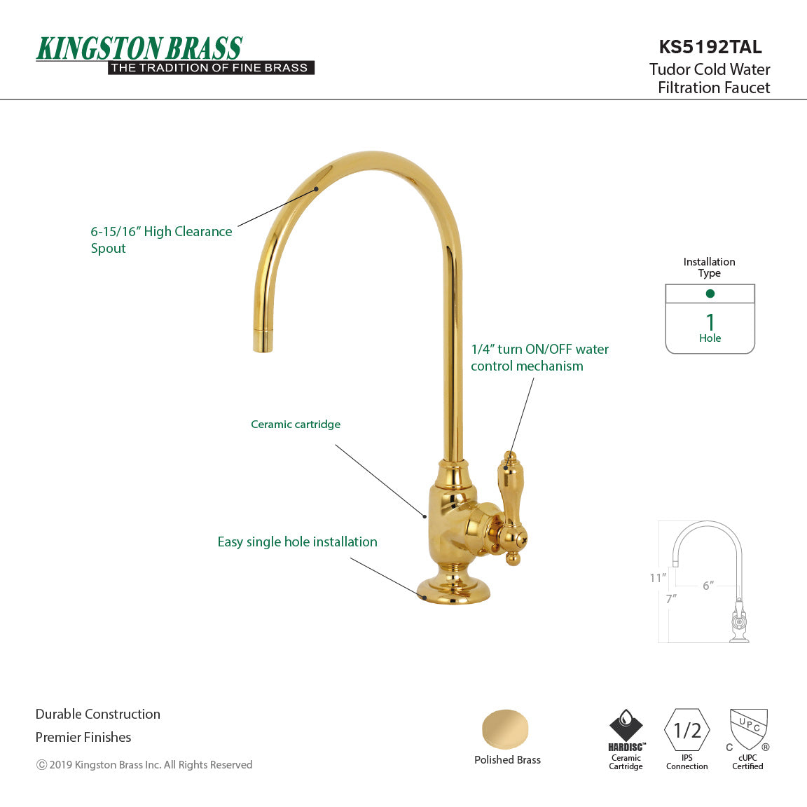 Kingston Heirloom KS5192TAL - Tudor Single-Handle 1-Hole Deck Mount Water Filtration Faucet, Polished Brass — thumbnail 2